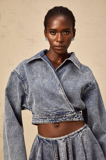 Doriane blue asymmetrical cropped denim jacket