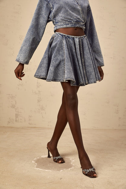Doriane blue shirred denim mini skirt