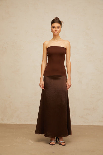 Blaise brown off-shoulder satin-panel maxi dress