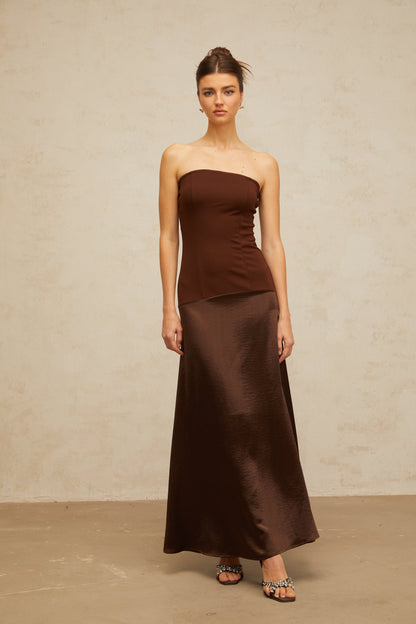Blaise brown off-shoulder satin-panel maxi dress