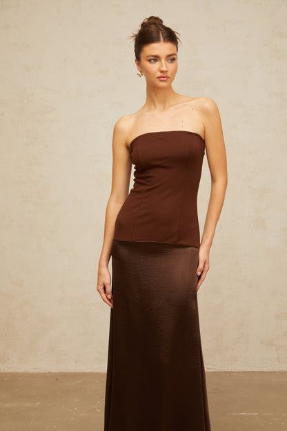 Blaise brown off-shoulder satin-panel maxi dress