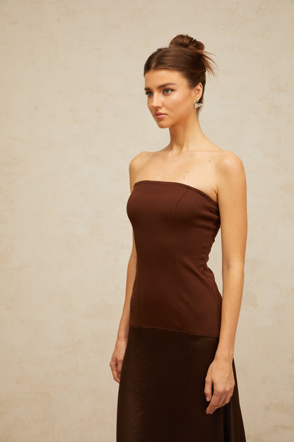 Blaise brown off-shoulder satin-panel maxi dress