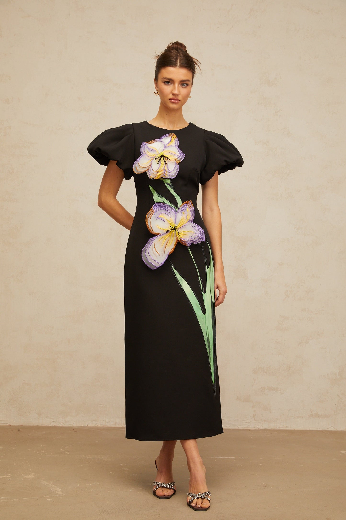 Irène sequined floral-embroidered midi dress in Black