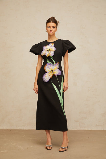 Irène sequined floral-embroidered midi dress in Black