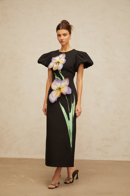 Irène sequined floral-embroidered midi dress in Black