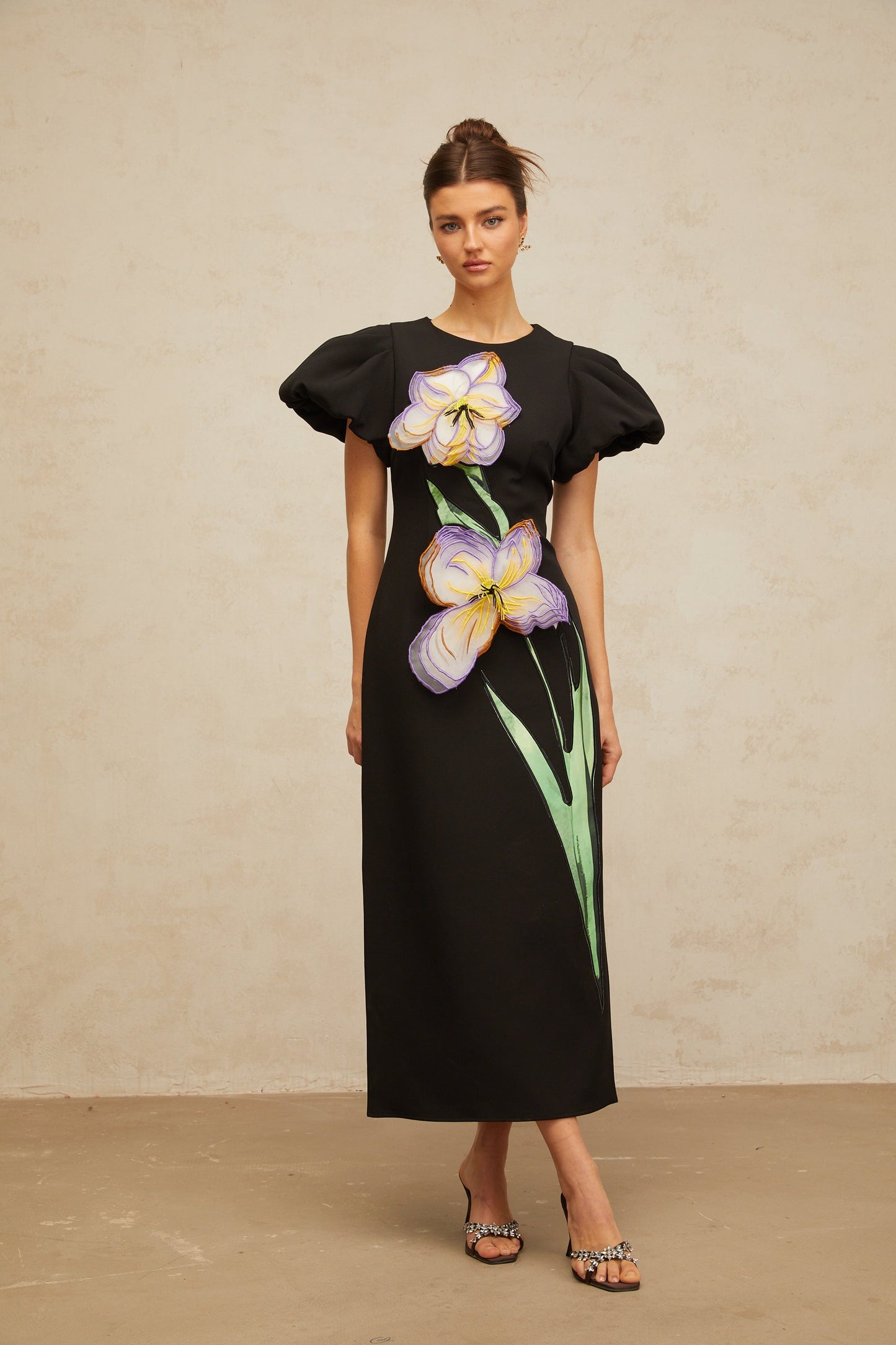 Irène sequined floral-embroidered midi dress in Black