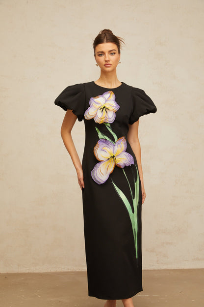 Irène sequined floral-embroidered midi dress in Black