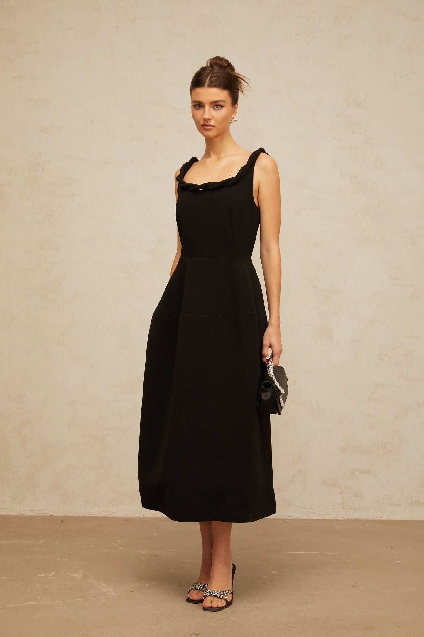 Hermine black braided puff midi dress