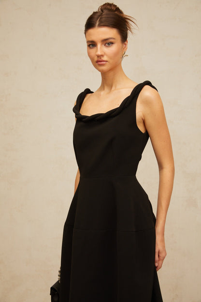Hermine black braided puff midi dress