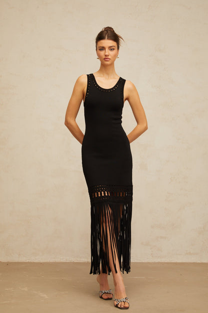 Paola black fringed fitted knit midi dress