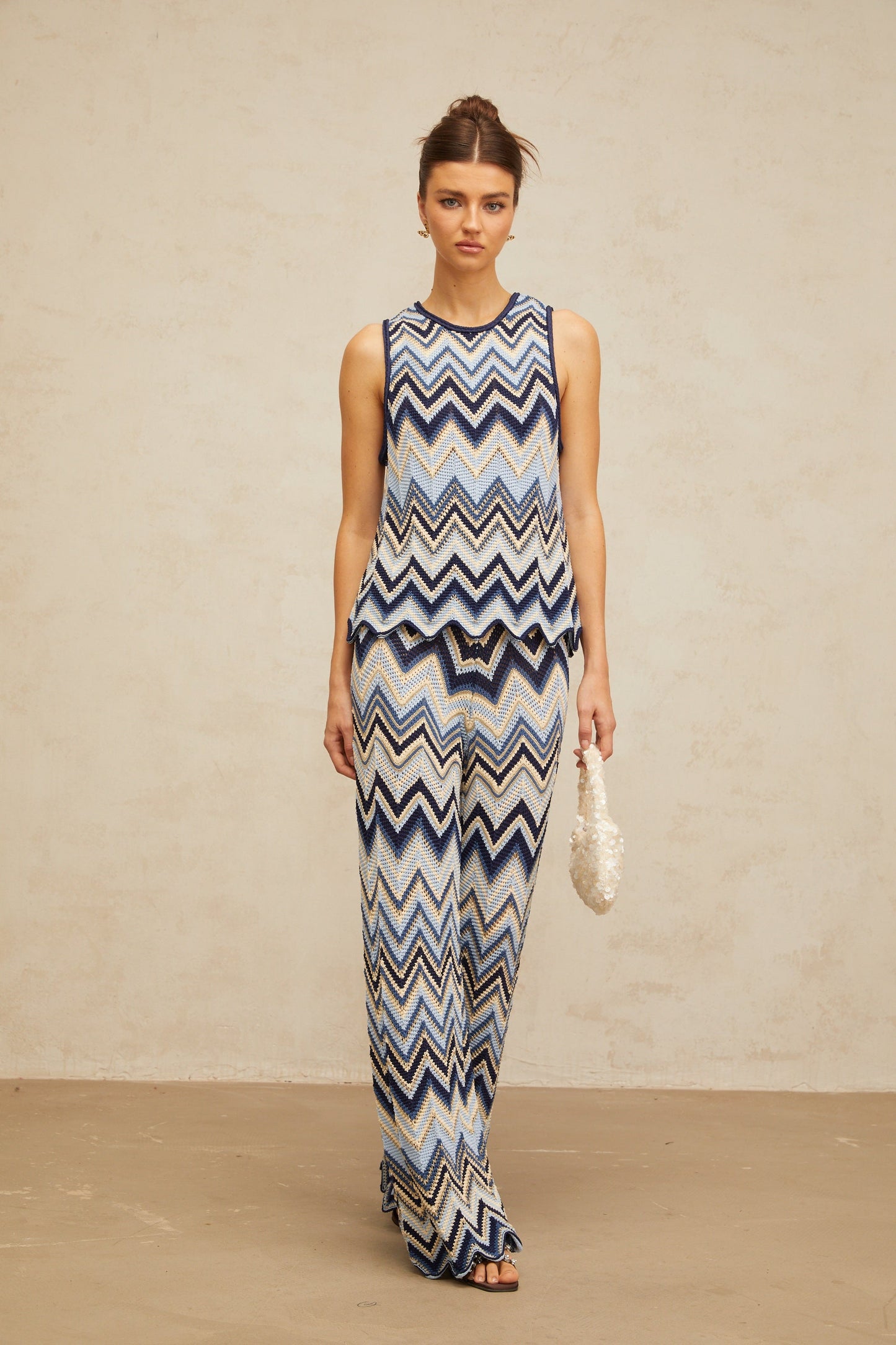 Irina blue zigzag-woven pointelle-knit top & trousers matching set