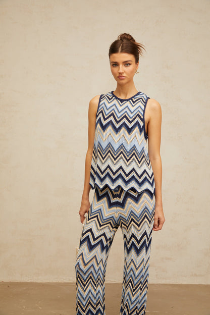 Irina blue zigzag-woven pointelle-knit top & trousers matching set
