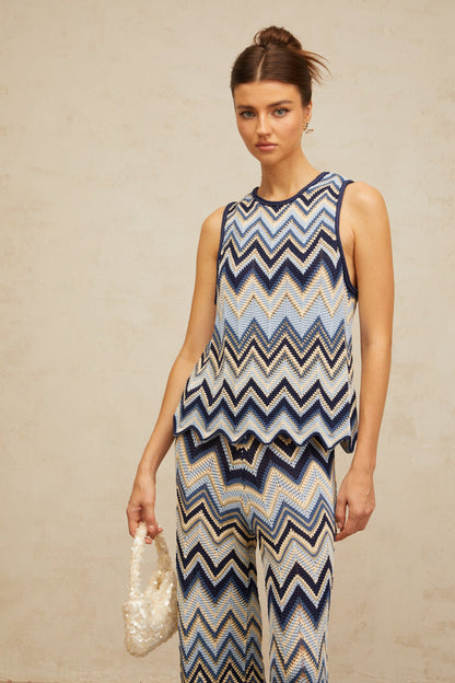 Irina blue zigzag-woven pointelle-knit top & trousers matching set