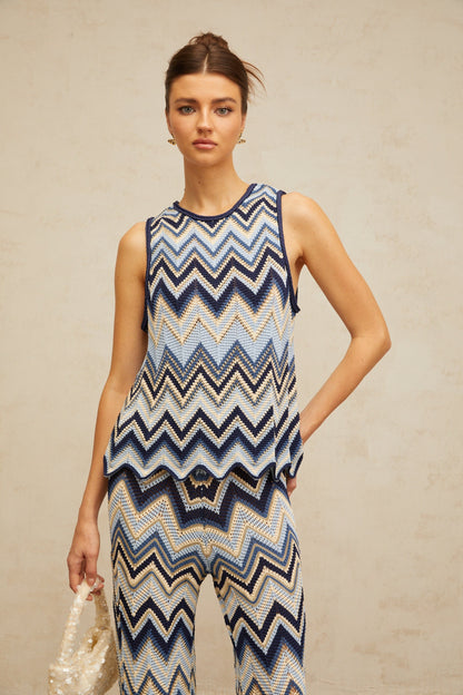 Irina blue zigzag-woven pointelle-knit top & trousers matching set