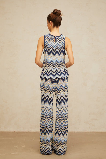 Irina blue zigzag-woven pointelle-knit top & trousers matching set