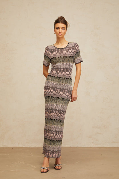 Louane pink wavy-crochet knit maxi dress