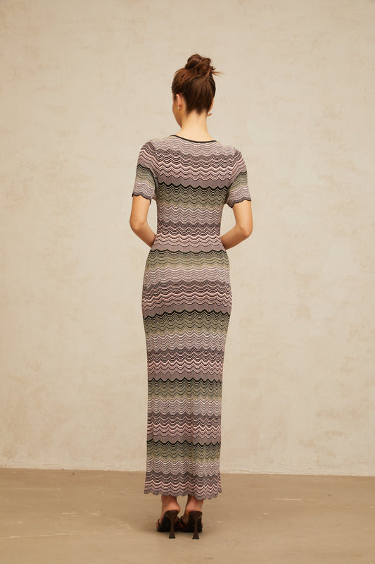 Louane pink wavy-crochet knit maxi dress