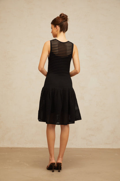 Maelle black flounced pointelle-knit mini dress