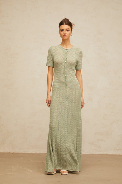 Siena green shirred crochet-knit maxi dress