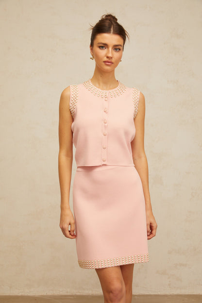 Cerise pink beaded knit top & skirt matching set