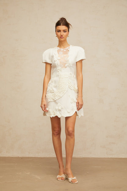 Frida white floral-appliqué puff mini dress