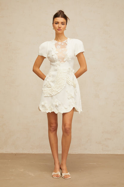Frida white floral-appliqué puff mini dress