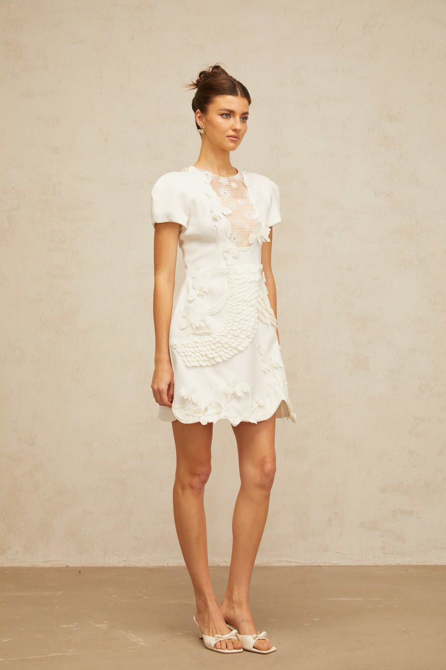Frida white floral-appliqué puff mini dress