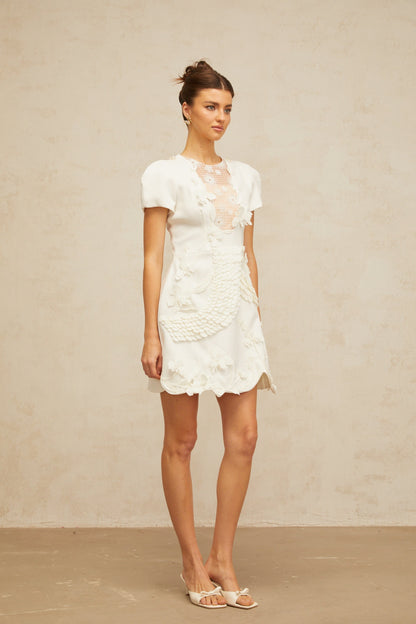 Frida white floral-appliqué puff mini dress