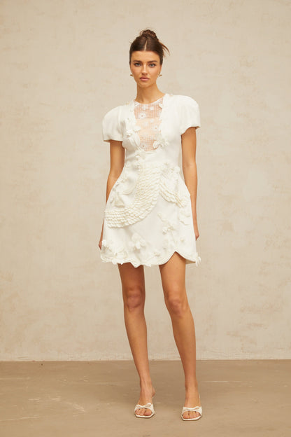 Frida white floral-appliqué puff mini dress