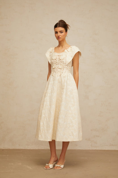 Xenia neutrals floral-embroidered embellished midi dress
