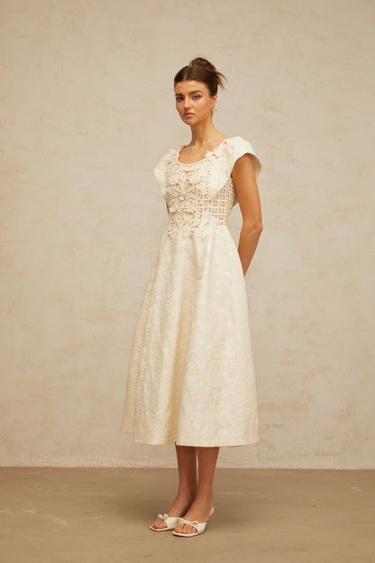 Xenia neutrals floral-embroidered embellished midi dress
