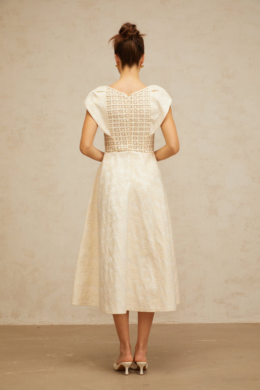Xenia neutrals floral-embroidered embellished midi dress