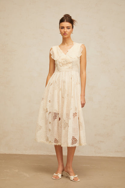 Anaïs neutrals beaded floral-embroidered midi dress