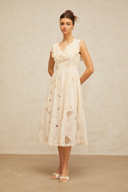 Anaïs neutrals beaded floral-embroidered midi dress