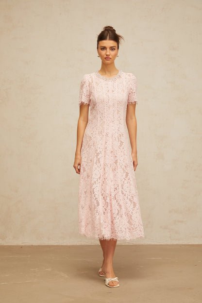 Dulcie pink embellished floral-lace midi dress
