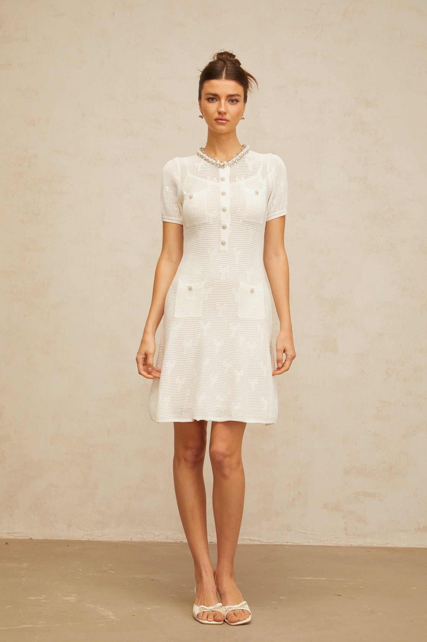 Marjolaine white embellished crochet-knit mini dress