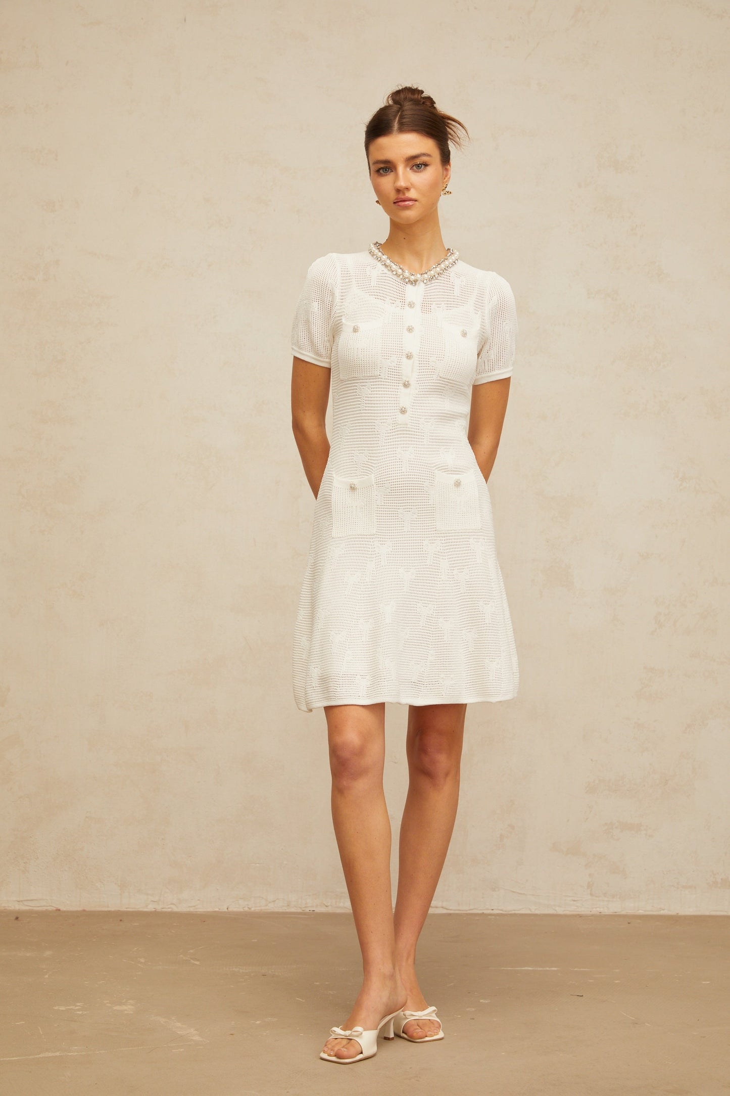 Marjolaine white embellished crochet-knit mini dress