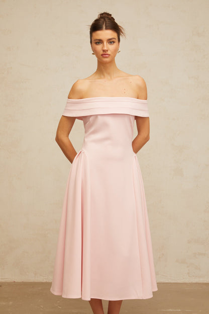 Zélie pink off-shoulder pleated midi dress