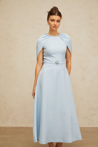 Lina blue shawl-panel embellished midi dress