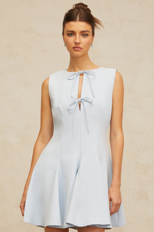 Lyna blue bowknot godet-design mini dress