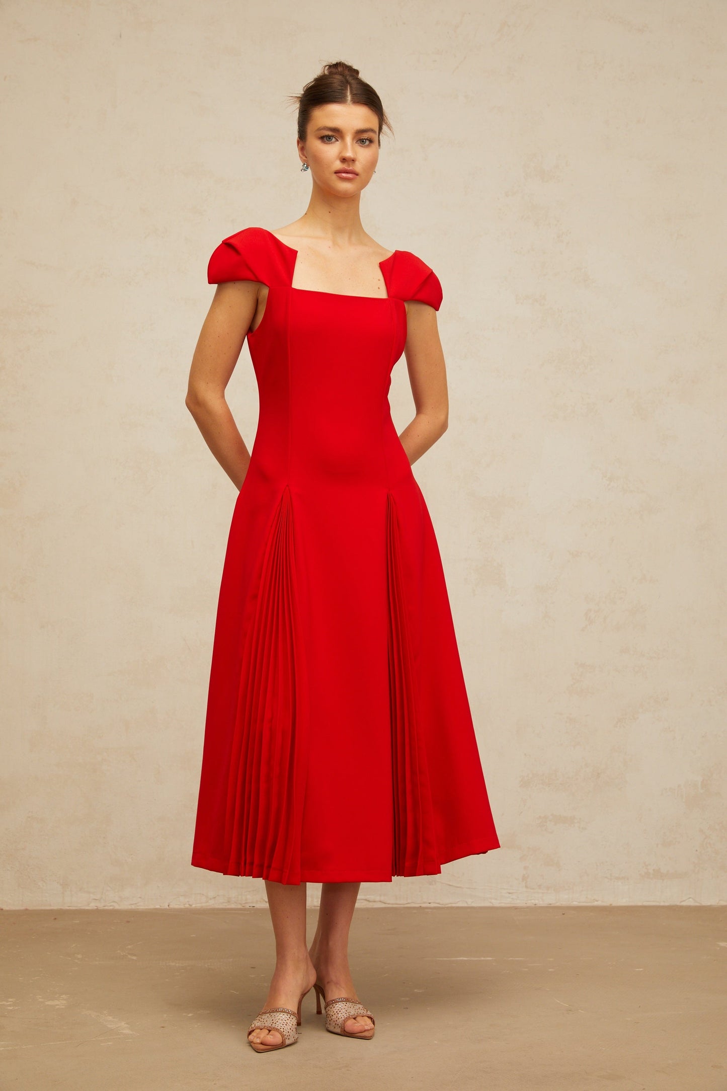 Gervaise red pleated-detail flared midi dress