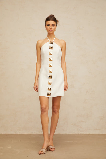Annabelle white halterneck A-line mini dress