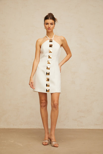 Annabelle white halterneck A-line mini dress