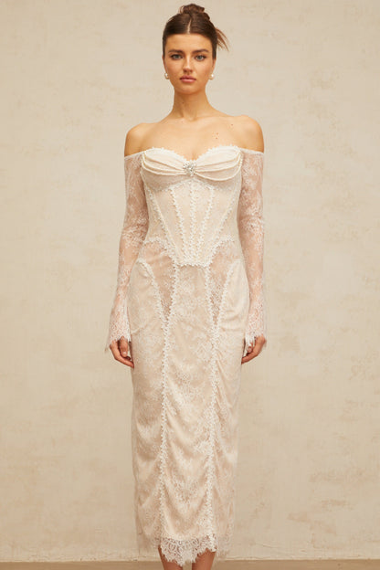 Énora white embellished floral-lace midi dress