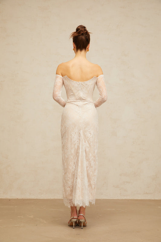 Énora white embellished floral-lace midi dress