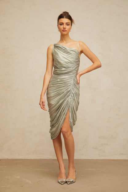Lison glossy ruched midi dress in Grayish-green