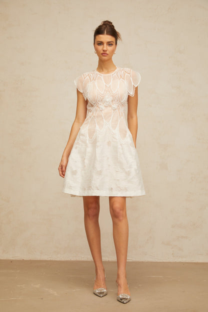 Clémence white 3D-petal corded-lace mini dress