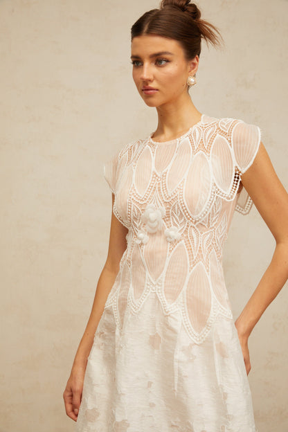 Clémence white 3D-petal corded-lace mini dress