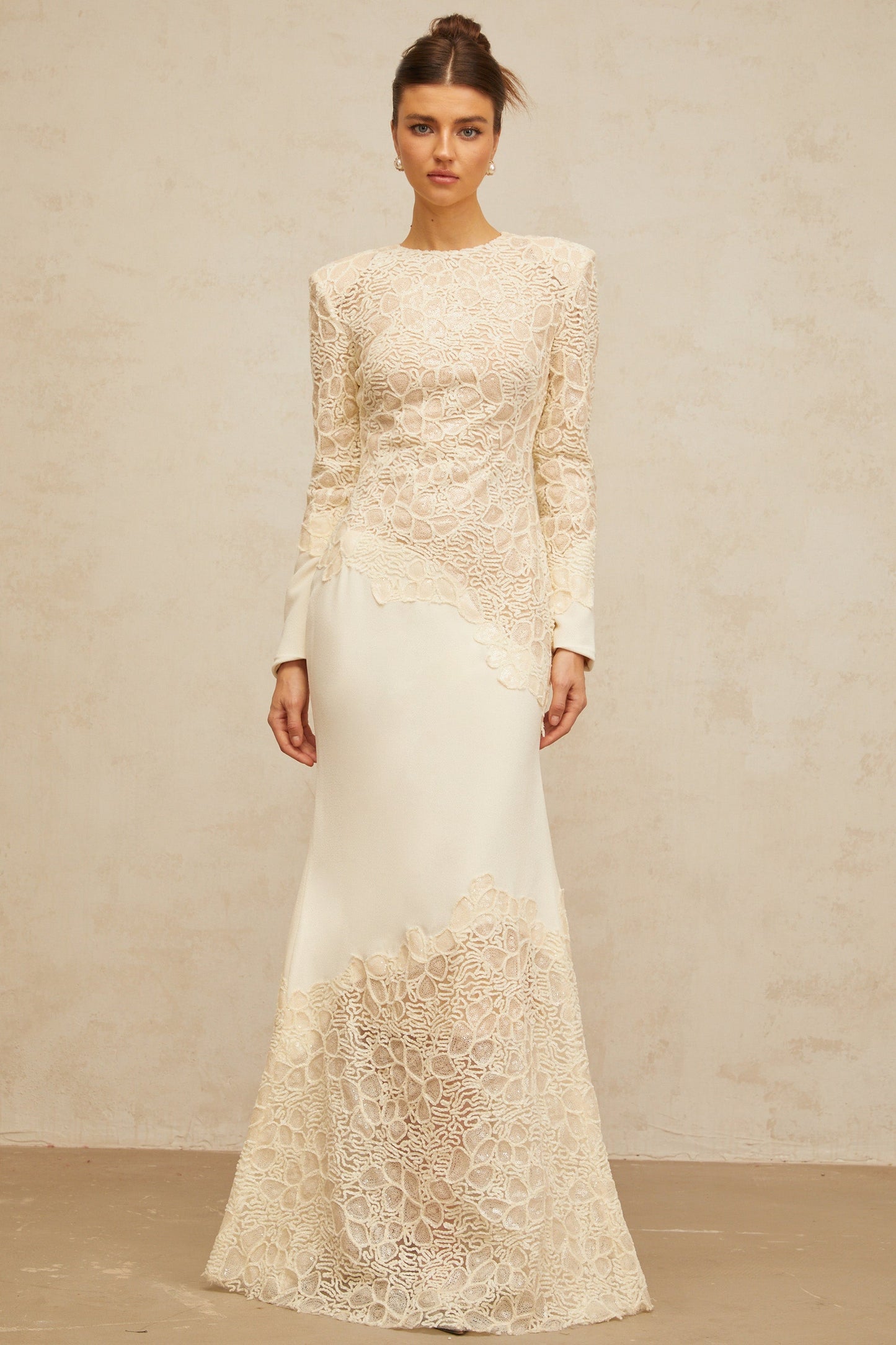Mathilde off-white textured floral-embroidered sequined maxi dress
