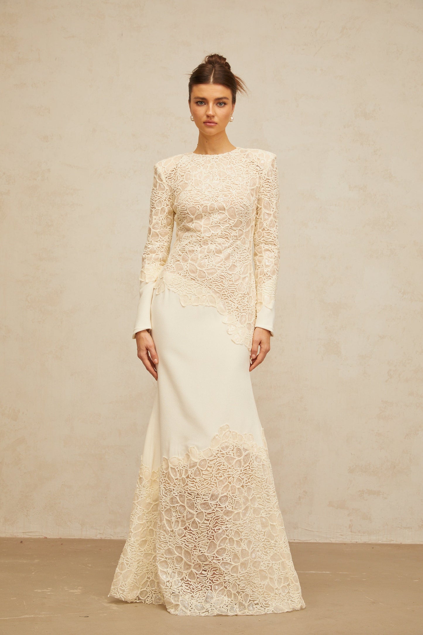 Mathilde off-white textured floral-embroidered sequined maxi dress